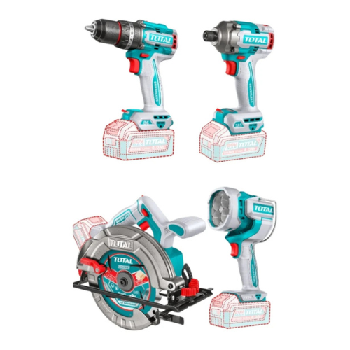 Kit 20V Inalámbrico Taladro, Atornillador, Sierra Circular, Linterna, Baterías y Cargador Total